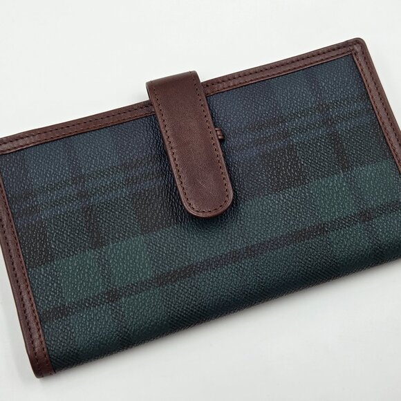 👛💚Polo Ralph Lauren Long Bifold Wallet Blackwatch Tartan Canvas Brown Leather - Picture 1 of 16